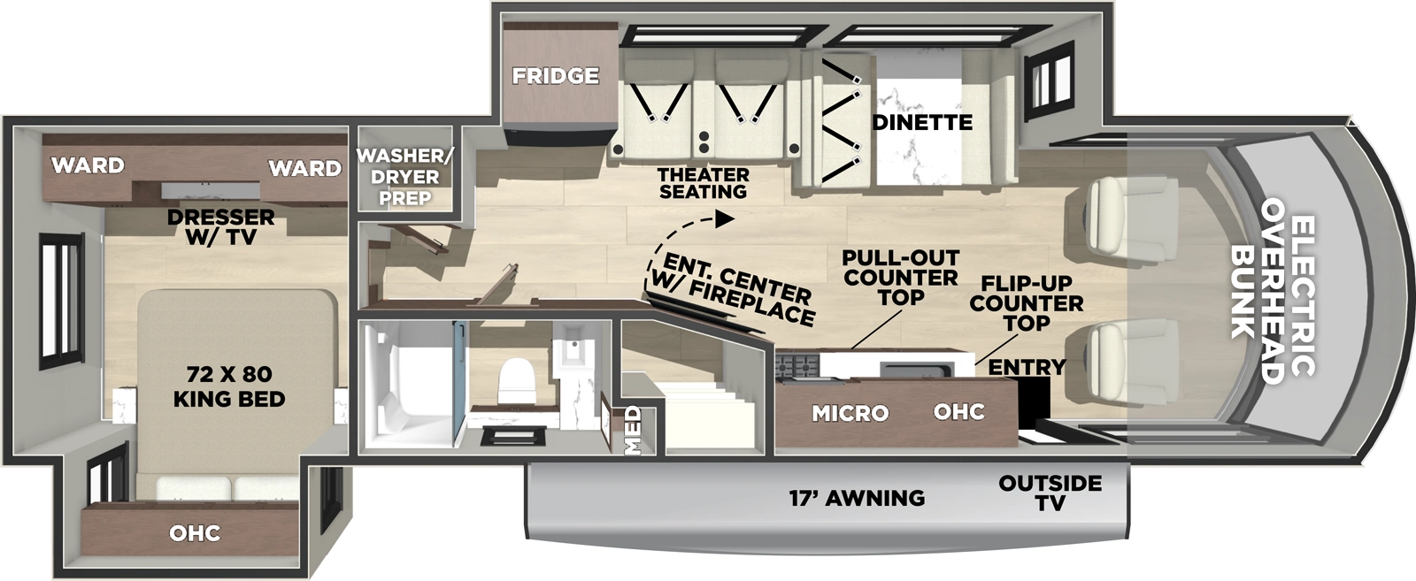 The 33Z has two slideouts and one entry. Exterior features a 19 foot awning, and outside entertainment center. Interior layout front to back: cockpit with secure overhead storage, bunk above, and table between the seats; 84" ceiling height; off-door side slideout with wrap around booth dinette, theater seating with overhead cabinet, and 12V 3-door refrigerator; door side entry, kitchen counter with extension, sink, overhead cabinet, residential microwave, cooktop, and 12V TV and fireplace with a hidden pantry behind; door side full bathroom with medicine cabinet; rear bedroom with door side king bed slideout with overhead cabinet and nightstand with 110V outlet and USB port on each side, and off-door side wardrobes with TV, and stackable washer/dryer prep.